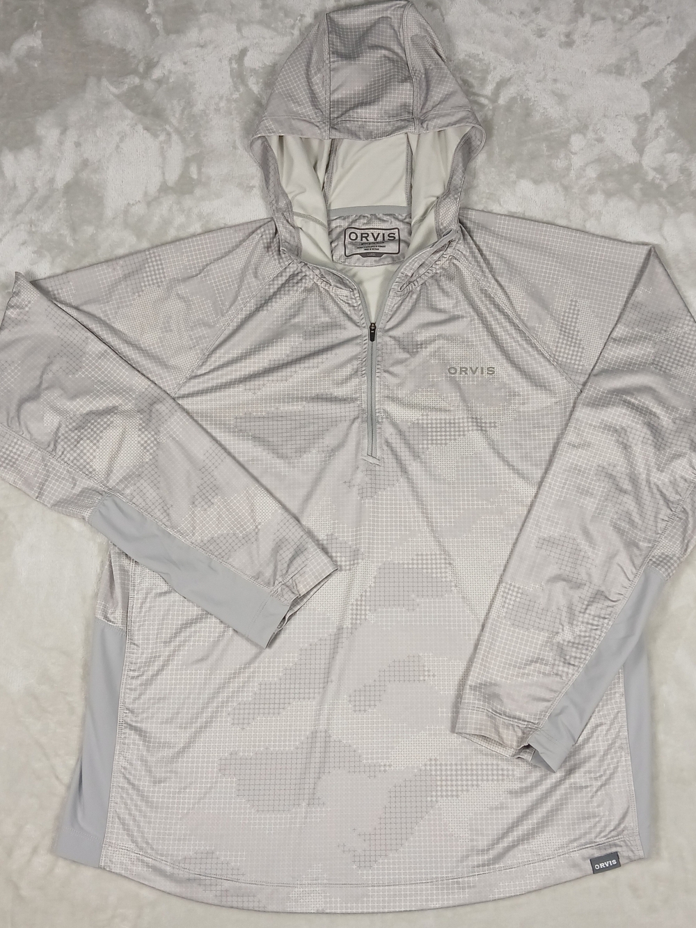 Orvis Pro Sun Hoodie L Men's 1/4 Zip Wolf Camo Fishing Shirt UPF 50+